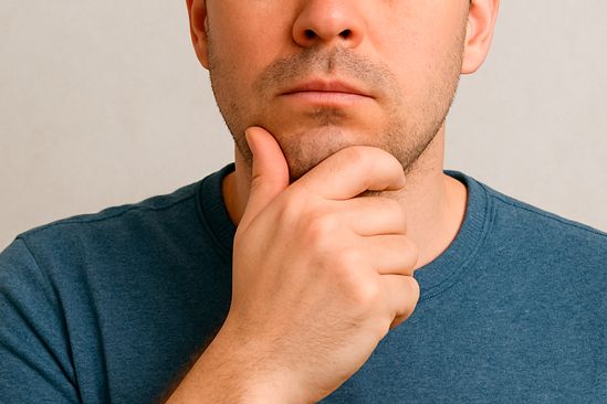Мужчина держится за подбородок Мужчина задумался