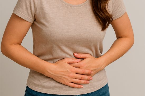 Женщина держится за живот У женщины болит живот